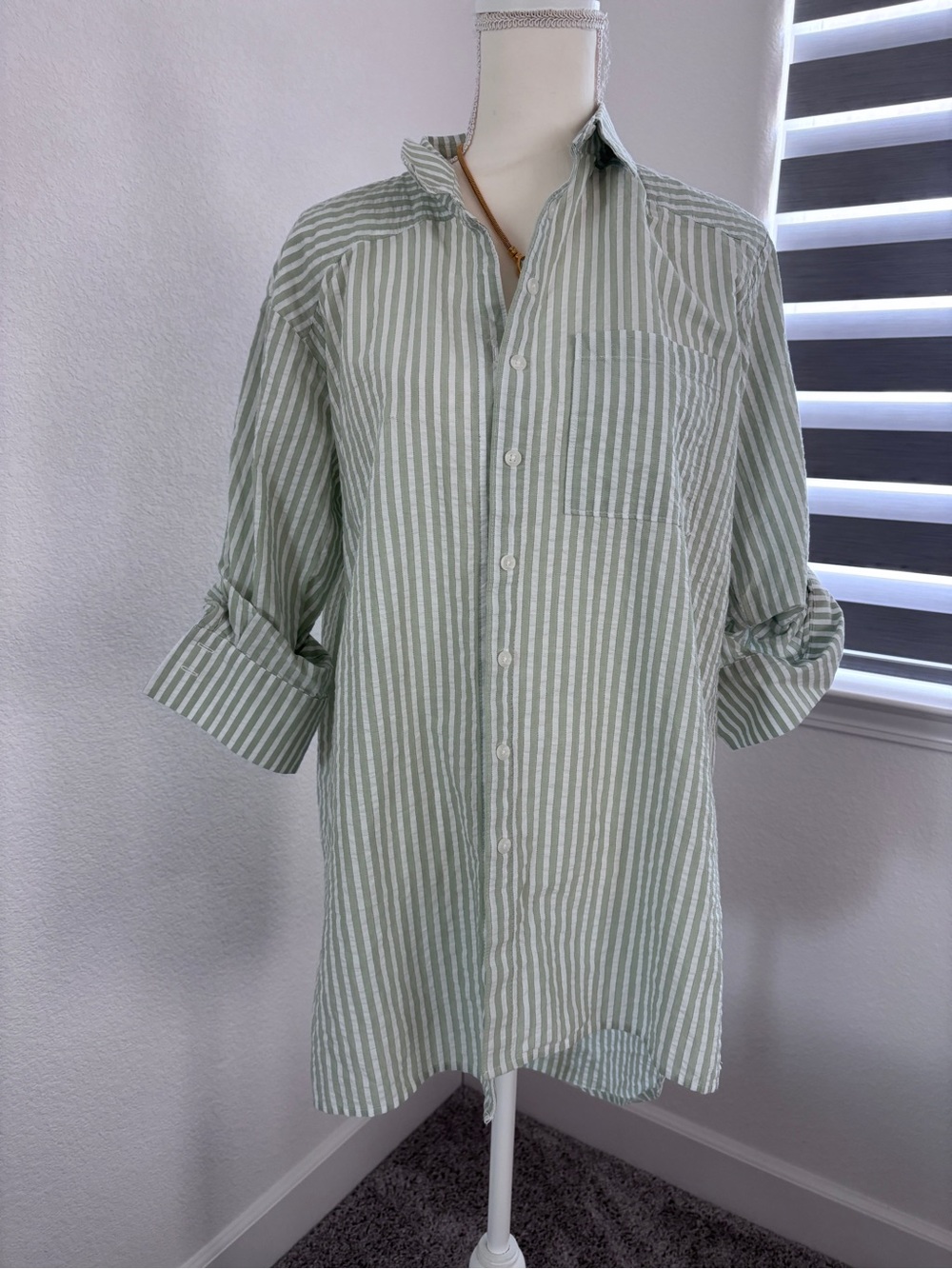 Anthropology Green & White Striped Button-Up Shirt LONG